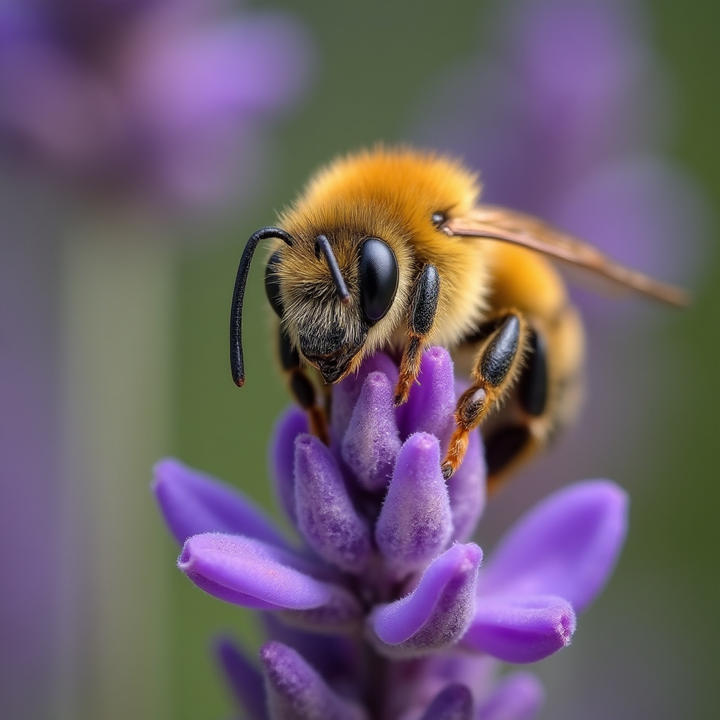 Ape su un fiore di lavanda in primo piano con sfondo sfocato