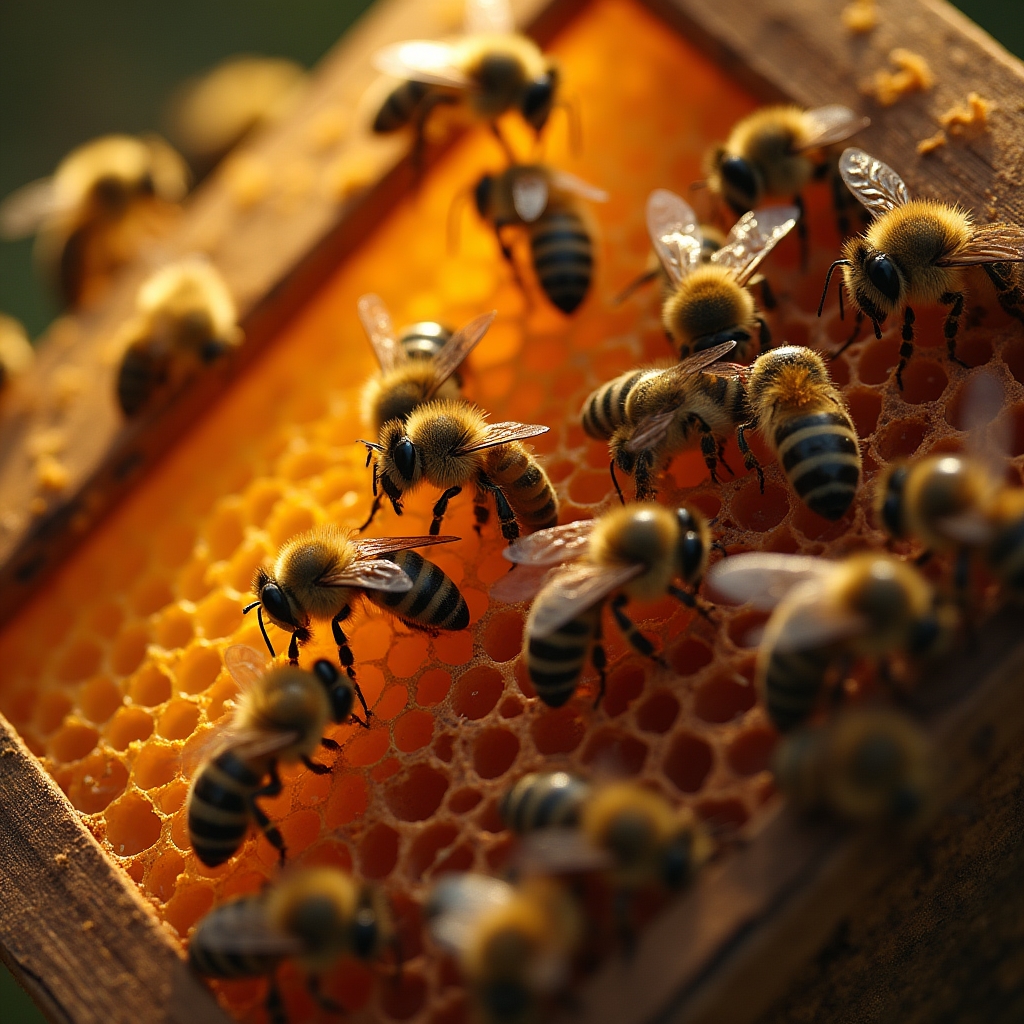 Api su un telaio pieno di favo durante la stagione di produzione