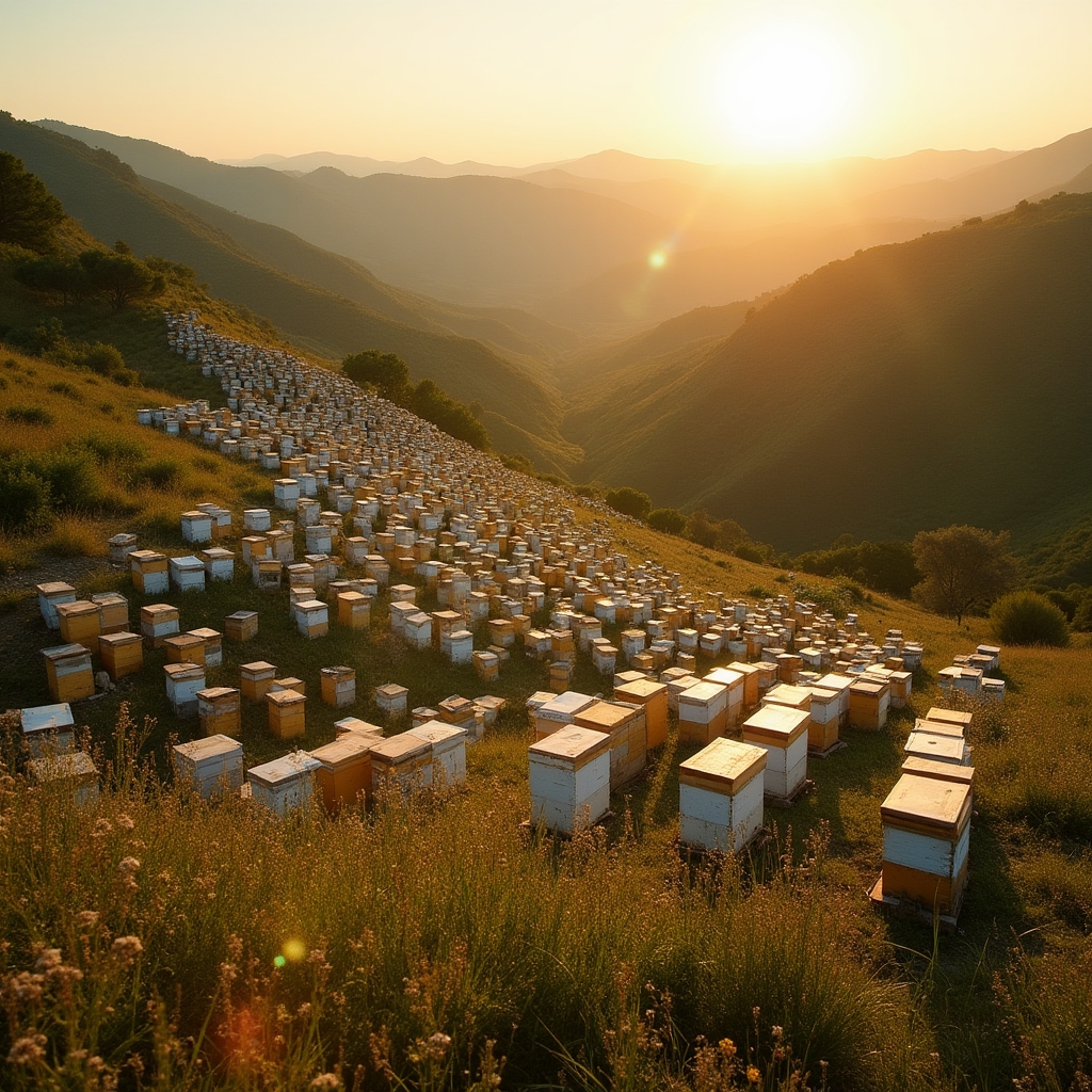 Apiari posizionati tra le colline italiane al tramonto