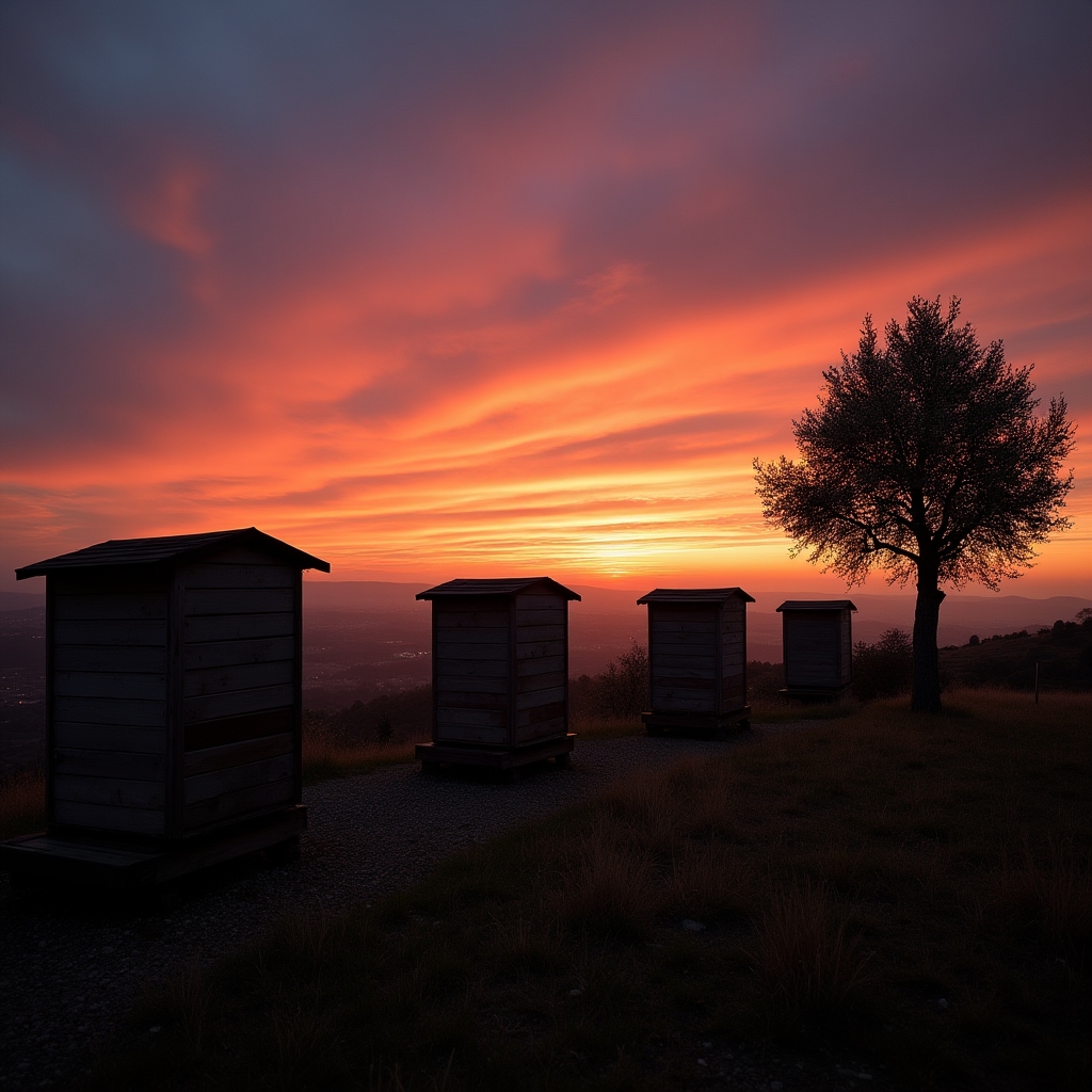 Apiari al tramonto tra le colline italiane con luce dorata