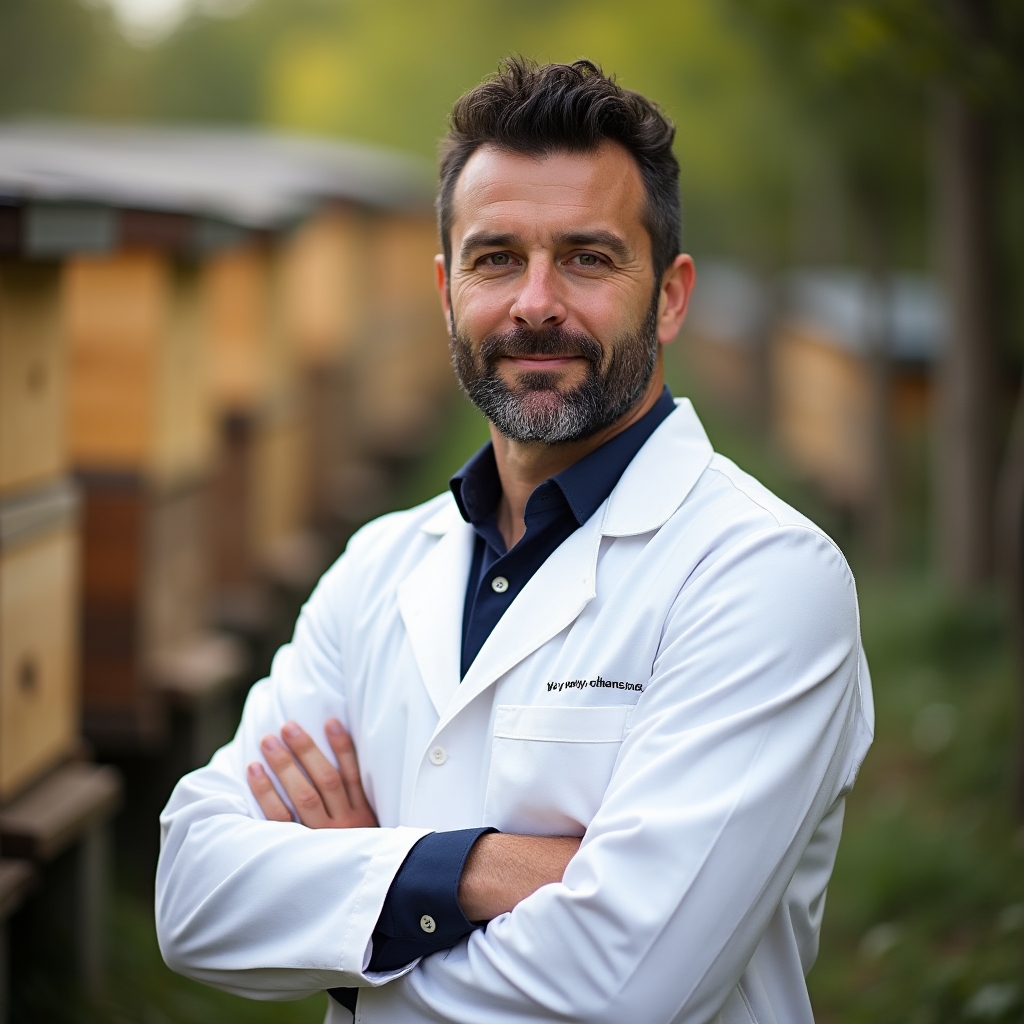 Consulente esperto di apicoltura professionale in camice da lavoro